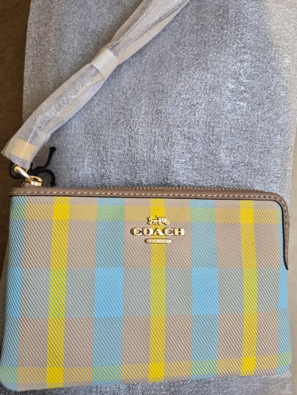 COACH Plaid Zip Wristlet in Blue, Yellow and Tan NWT